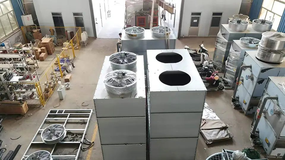 Galvanized industrial cooling tower cells staged for shipment