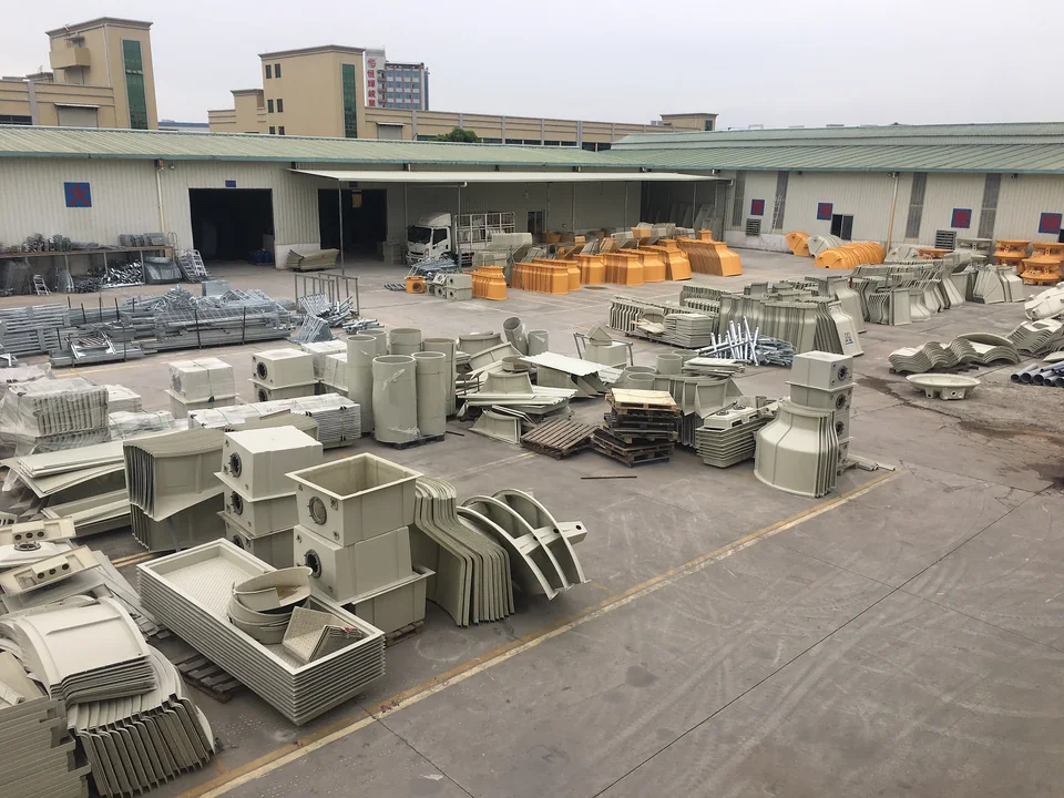 FRP cooling tower parts prepared for assembly