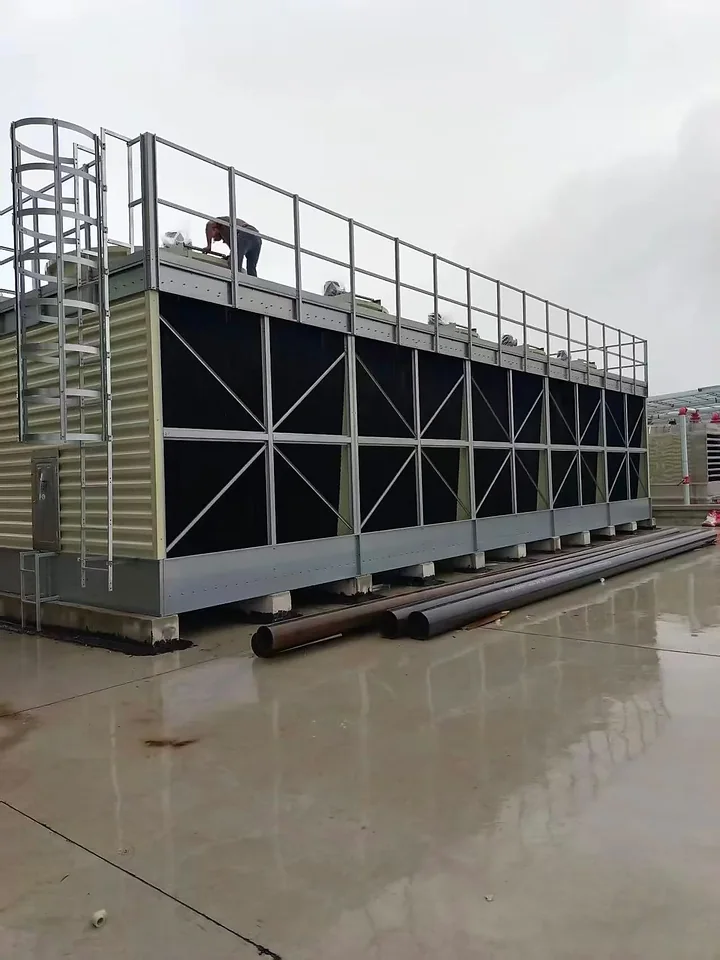 Installed rectangular cooling tower with maintenance access platform