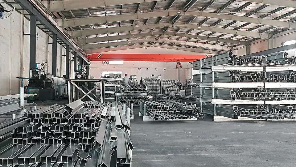 Formed steel profiles in a cooling tower factory fabrication area