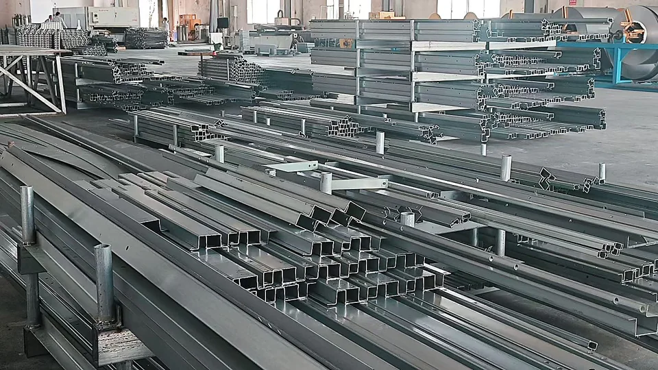 Formed steel cooling tower components arranged before assembly