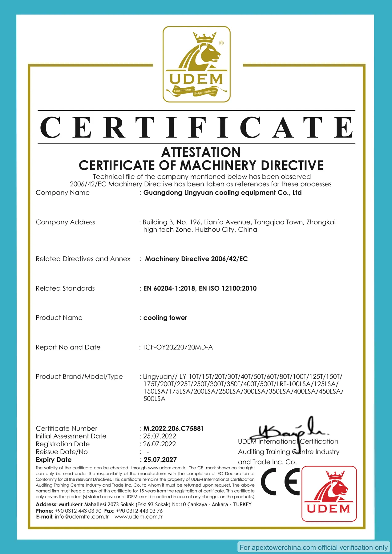 Apex Cooling Tower CE Machinery Directive Certificate