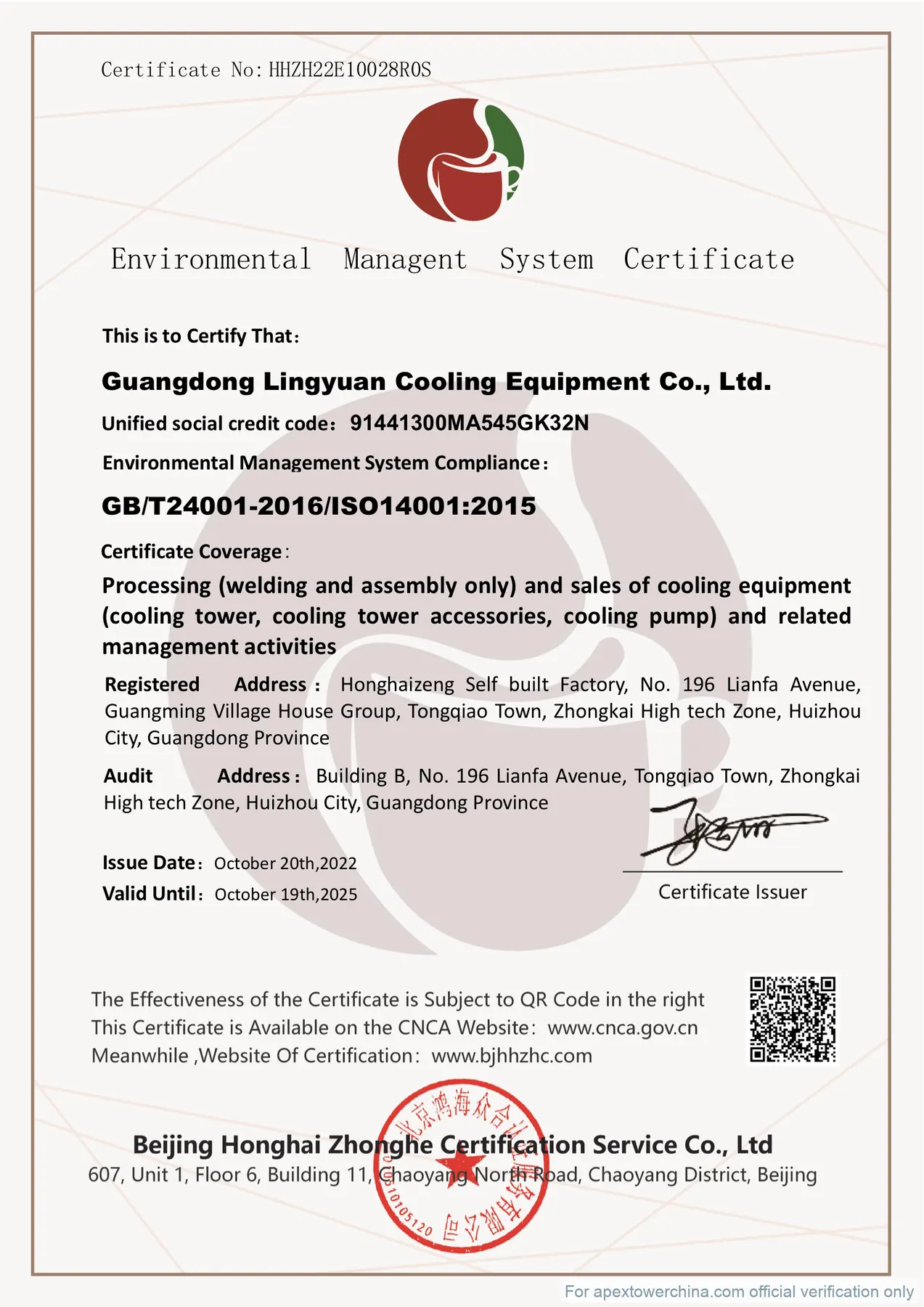 Apex Cooling Towers ISO 14001 Environmental Management System Certificate