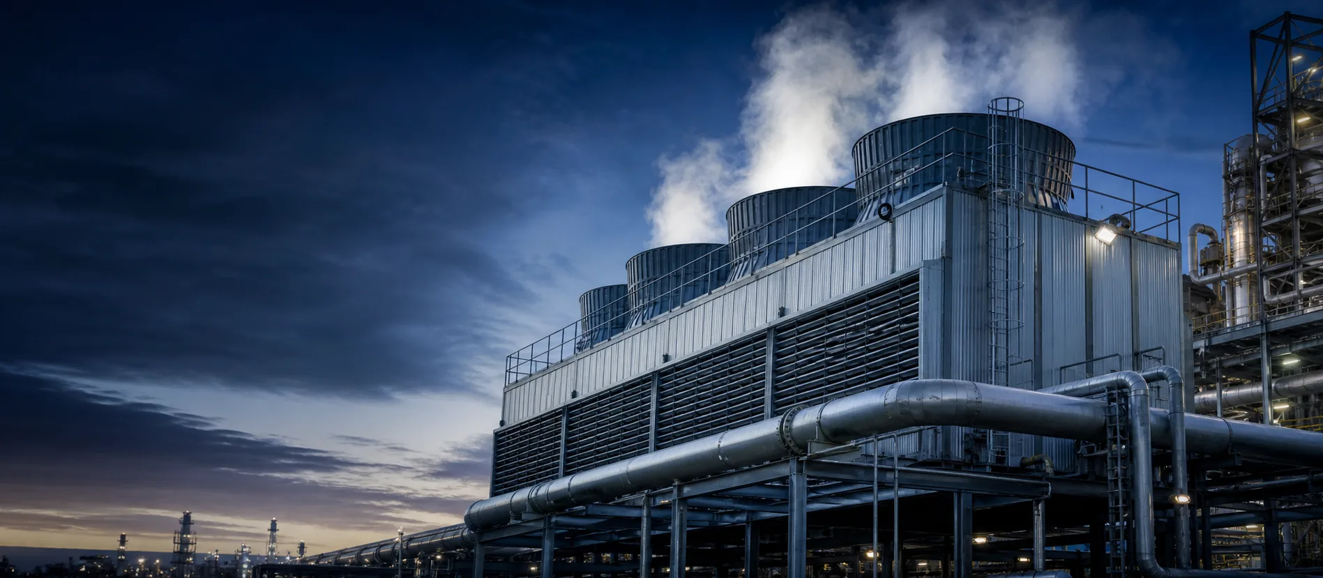 Mechanical draft industrial cooling tower operating with visible water mist
